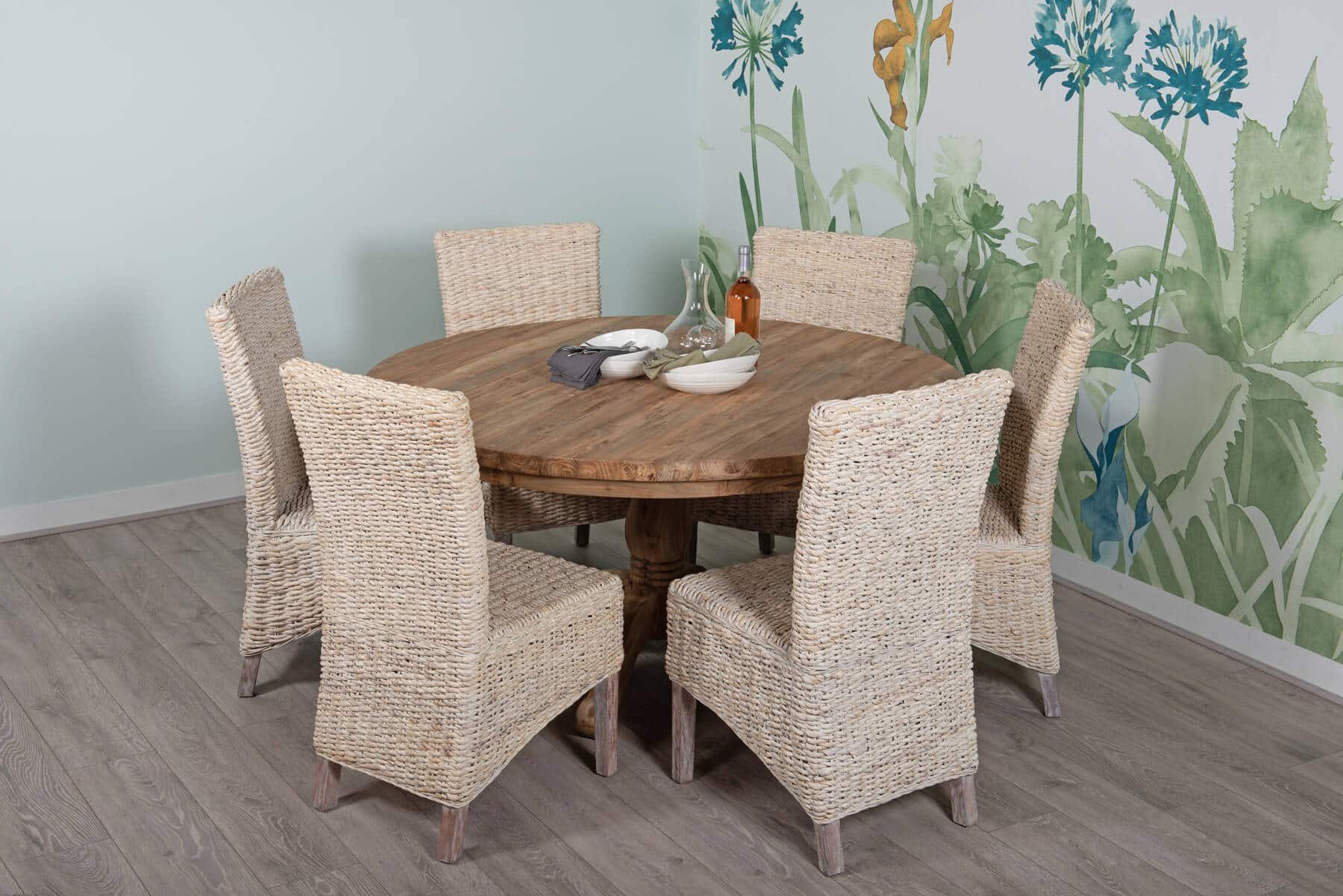 6 Seater Dining Set | 1.4m Round Reclaimed Teak Dining Table with 6 Whitewash Banana Leaf Dining Chairs