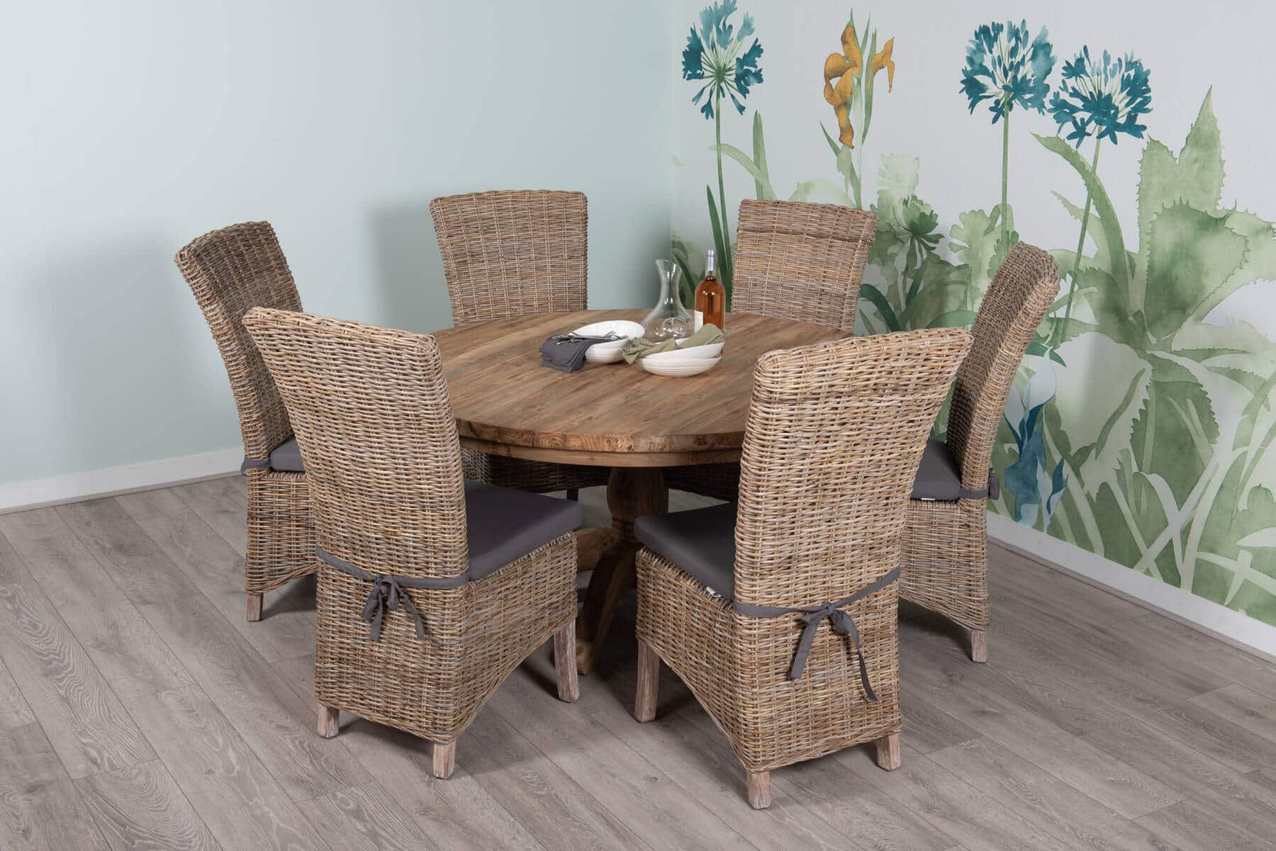6 Seater Dining Set | 1.4m Round Reclaimed Teak Dining Table with 6 Whitewash Banana Leaf Dining Chairs