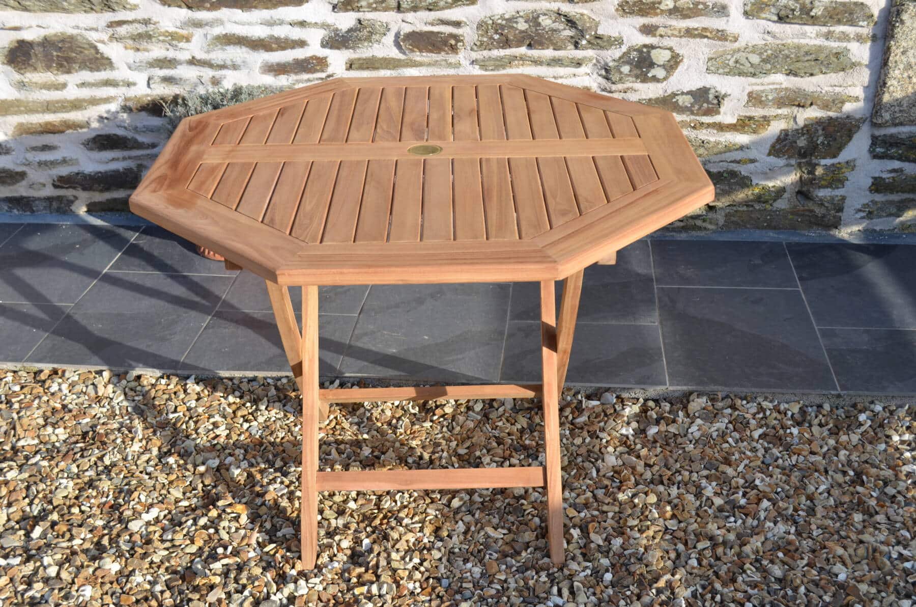 4 Seater Burford Teak Garden Dining Set - Burford 1.2m Hexagonal Folding Table with 4 Teak Chester Stacking Armchairs
